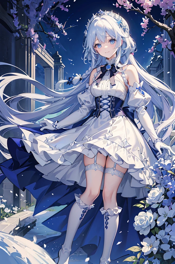 A woman with white hair and blue eyes、adult、Long, fluffy wavy hair、Braiding、Wearing hair ornaments、Smiling、Princess、White gloves、Blue-tinted dress、ribbon、Decorations such as roses and drops、race、Wearing a cape、The dress is short in the front and long in the back、Garter Ring、short boots、Fantasy