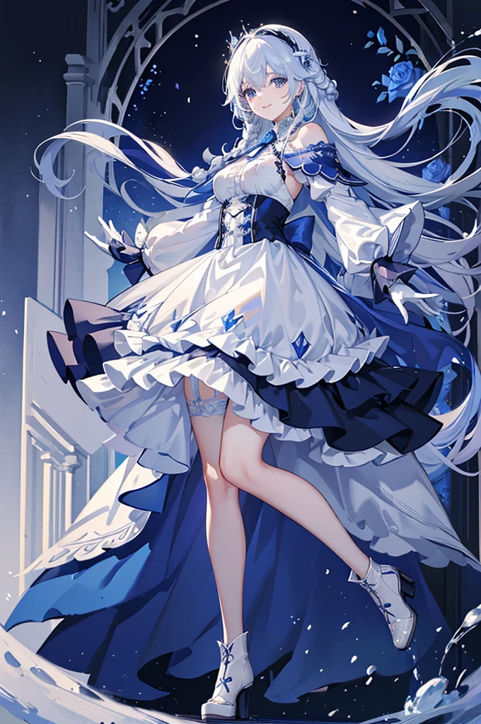 A woman with white hair and blue eyes、adult、Long, fluffy wavy hair、Braiding、Wearing hair ornaments、Smiling、Princess、White gloves、Blue-tinted dress、ribbon、Decorations such as roses and drops、race、Wearing a cape、The dress is short in the front and long in the back、Garter Ring、short boots、Fantasy