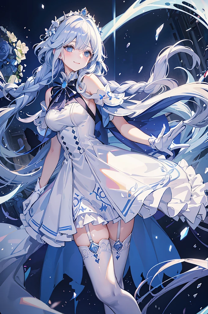 A woman with white hair and blue eyes、adult、Long, fluffy wavy hair、Braiding、Wearing hair ornaments、Smiling、Princess、White gloves、Blue-tinted dress、ribbon、Decorations such as roses and drops、race、Wearing a white and blue cape、The dress is short in the front and long in the back、Garter Ring、short boots、Fantasy