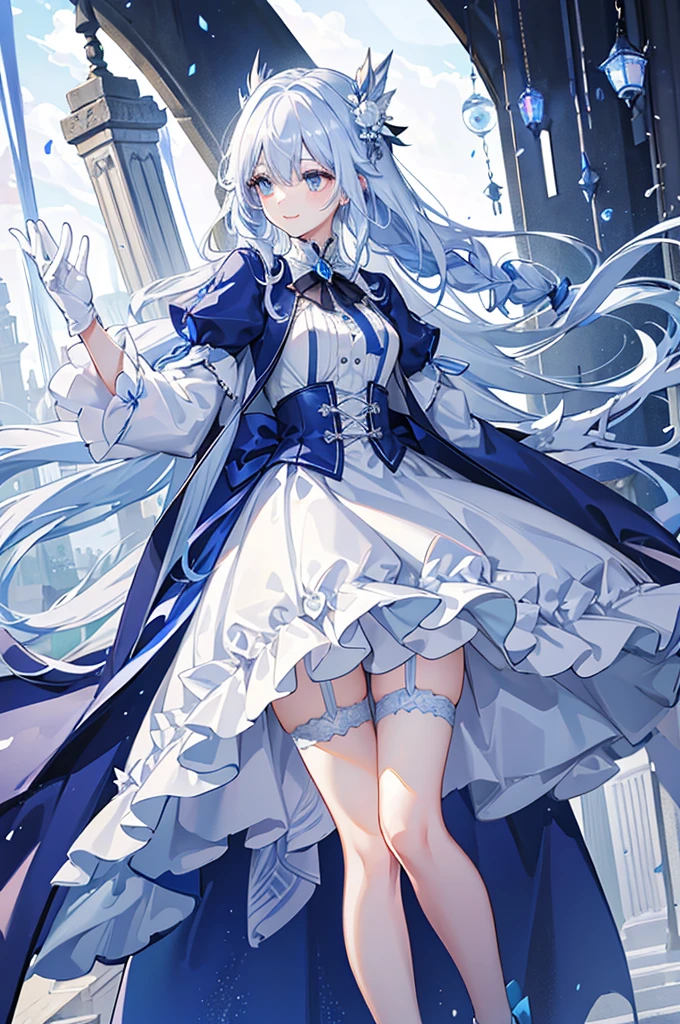 A woman with white hair and blue eyes、adult、Long, fluffy wavy hair、Braiding、Wearing hair ornaments、Smiling、Princess、White gloves、Blue-tinted dress、ribbon、Decorations such as roses and drops、race、Wearing a white and blue cape、The dress is short in the front and long in the back、Garter Ring、short boots、Fantasy