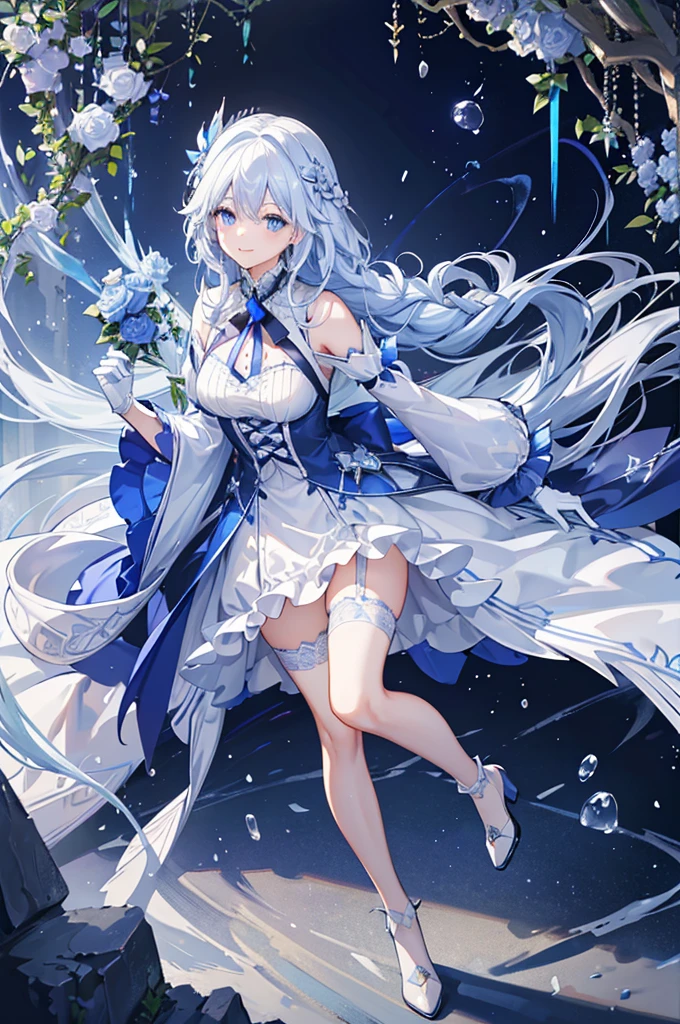 A woman with white hair and blue eyes、adult、Long, fluffy wavy hair、Braiding、Wearing hair ornaments、Smiling、Princess、White gloves、Blue-tinted dress、ribbon、Decorations such as roses and drops、race、Wearing a white and blue cape、The dress is short in the front and long in the back、Garter Ring、short boots、Fantasy