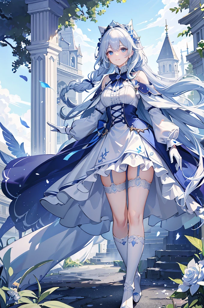 A woman with white hair and blue eyes、adult、Long, fluffy wavy hair、Braiding、Wearing hair ornaments、Smiling、Princess、White gloves、Blue-tinted dress、ribbon、Decorations such as roses and drops、race、Wearing a white and blue cape、The dress is short in the front and long in the back、Garter Ring、short boots、Fantasy