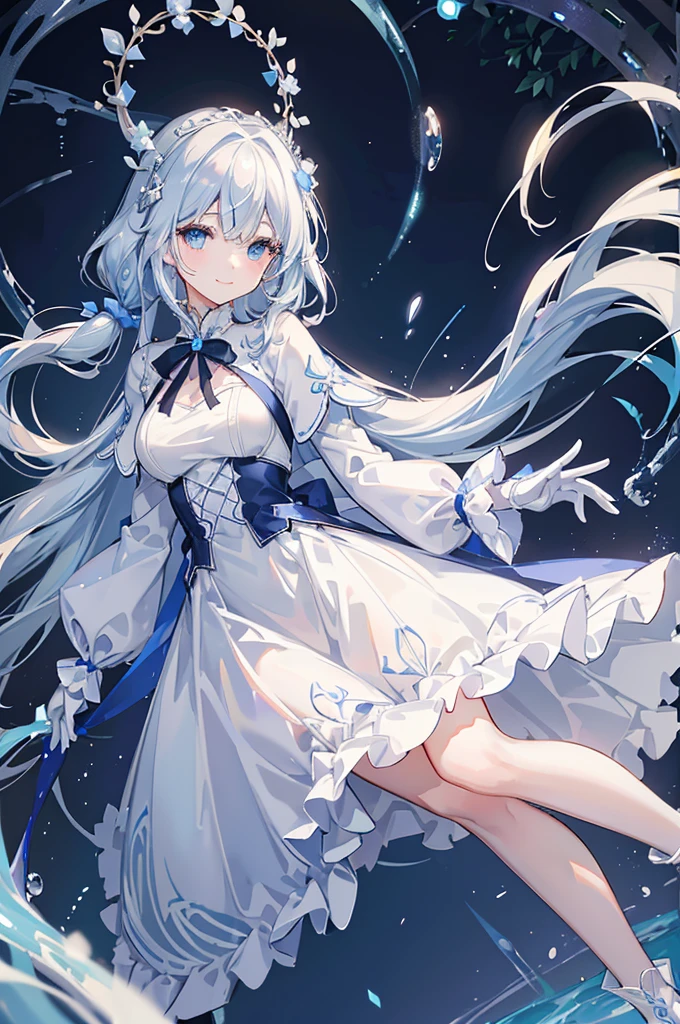 A woman with white hair and blue eyes、adult、Long, fluffy wavy hair、Braiding、Wearing hair ornaments、Smiling、Princess、White gloves、Blue-tinted dress、ribbon、Decorations such as roses and drops、race、Wearing a white and blue cape、The dress is short in the front and long in the back、Garter Ring、short boots、Fantasy