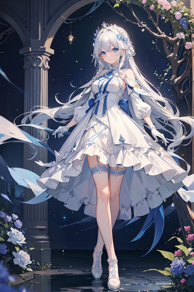 A woman with white hair and blue eyes、adult、Long, fluffy wavy hair、Braiding、Wearing hair ornaments、Smiling、Princess、White gloves、Blue-tinted dress、ribbon、Decorations such as roses and drops、race、Wearing a white and blue cape、The dress is short in the front and long in the back、Garter Ring、short boots、Fantasy