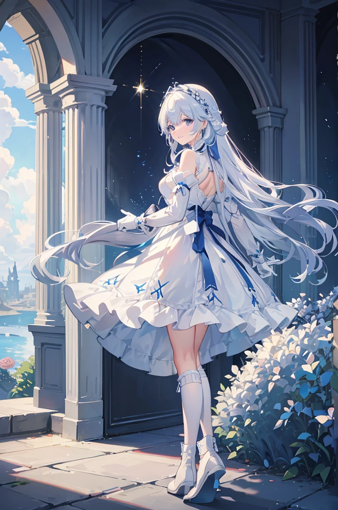 A woman with white hair and blue eyes、adult、Long, fluffy wavy hair、Braiding、Wearing hair ornaments、Smiling、Princess、White gloves、Blue-tinted dress、ribbon、Decorations such as roses and drops、race、Wearing a white and blue cape、The dress is short in the front and long in the back、Garter Ring、short boots、Fantasy