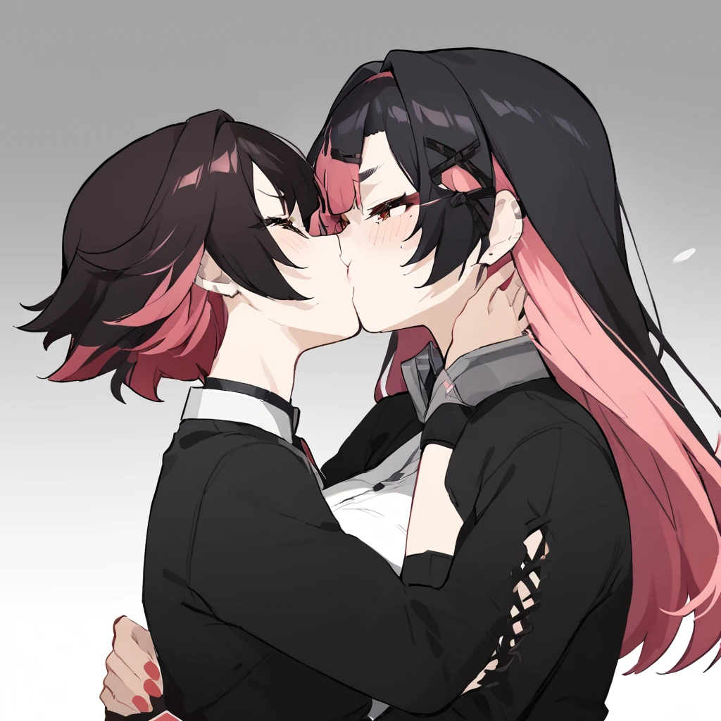 two woman kissing, pink hair and black red hair
