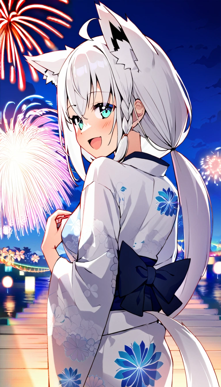 one girl, Shirakami Fubuki, fox ears, white hair, yukata, beautiful, cute, fireworks, Japanese summer festival, look back on me, happy