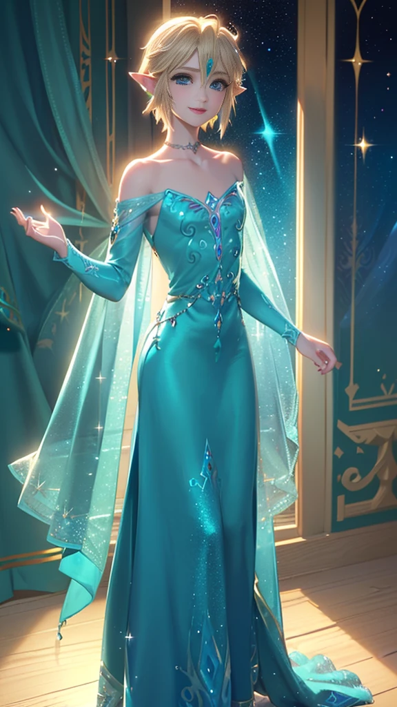 ((work of art)), (best quality), ((1 male)),((link from loz wearing a teal dress, squa dress, sparkles, long dress, collarbone, long sleeves), gazing at viewer, ( Short blonde hair, blue eyes), happy, smile,  