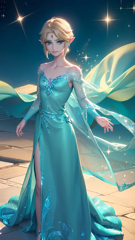 ((work of art)), (best quality), ((1 male)),((link from loz wearing a teal dress, squa dress, sparkles, long dress, collarbone, ...