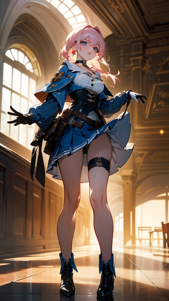 une belle jeune femme, Cheveux rose clair,  grands yeux bleus, ankle bottes, gant de tir à l&#39;arc, badge, jambes nues, black foulard, Corset noir, chaussures noires, black gants, blue veste, blue jupe, bottes, insigne de bouton, boutons, foulard, clavicule, corset, des boucles d&#39;oreilles, ornement floral, gants, high heel bottes, Talons hauts, veste, bijoux, manches longues, minijupe, partially fingerless gants, pleated jupe, chemise, boucle d&#39;oreille unique, gant unique, jupe, sangle de cuisse, tied veste, sous la poitrine, white chemise, jupe lift, flipped my jupe, innocent, beautiful détaillé eyes, beautiful détaillé lips, extremely détaillé face, long cils, debout dans une gare, la lumière du soleil traverse les fenêtres, détails architecturaux complexes, métal et verre brillants, palette de couleurs chaudes, Éclairage cinématographique, Photoréaliste, 8k, Haute qualité, détaillé