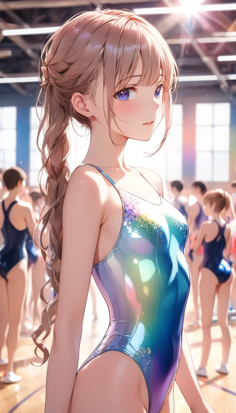 highquality illustration, masterpiece, very delicate and beautiful, attractive girl,(gymnastics leotard,tight-fit
 leotard,long sleeve leotard,long_sleeve leotard,high_leg leotard,athletic leotard,floral patterns leotard,iridescent gradient leotard), audience reactions,thin,slender body,slim,high school,gymnasium,gymnastics club,beautiful eyes,(masterpiece, best quality:1.2), highres, extremely detailed CG unity 8k wallpaper, perfect lighting, Colourful, ultra-high res,4K,ultra-detailed, photography, 8K, HDR,  17 ages,cowboy shot,