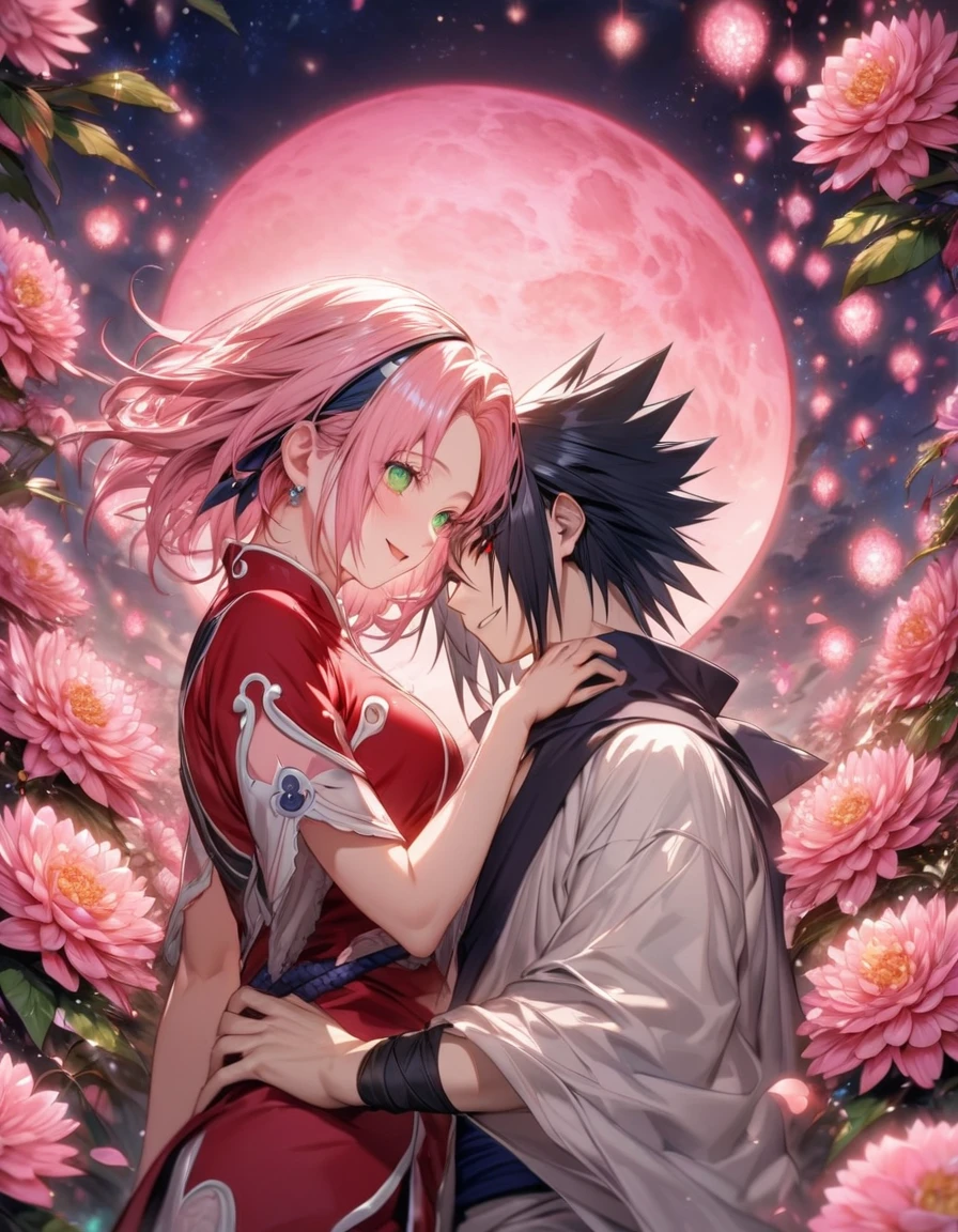 absurdes, haute résolution, ultra détaillé, HDR, chef-d&#39;œuvre, Meilleure qualité, extrêmement détaillé, Uchiha Sasuke, cheveux noirs, yeux rouges expressifs, Naruto Shippuden, Haruno Sakura, cheveux roses, yeux verts expressifs, un bel homme avec une belle femme, couple, sourire, chemise blanche, T-shirt rouge, fantaisie, Pétillant, lucioles roses scintillantes, lune rose, fleurs roses, chrysanthèmes roses, pink Pétillant lights, ciel étoilé, magique