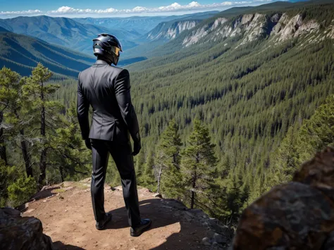 a luxury sales suit man wearing a black rider full-face helmet overlooking wilderness,full body,standard rider black full face h...