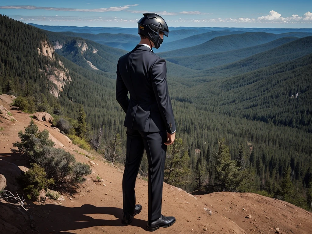 A Luxury Sales Suit man wearing a black rider full-face helmet overlooking wilderness,full body,standard rider black full face helmet,back view of the man, background is a wilderness,a man overlooking wilderness,a man overlooking wilderness,a man overlooking wilderness,a man overlooking wilderness,a man overlooking wilderness,full body,full body,full body,full body,with black rider full-face helmet,with black rider full-face helmet,with black rider full-face helmet,wearing black rider full-face helmet,wearing black full-face helmet,wearing black full-face helmet,overlooking wilderness,overlooking wilderness,Back view,Back view,Back view,Back view,Draw people small,Draw people small,Spectacular views,Spectacular views,Spectacular views,lonely man,lonely man,a black full-face helmet,a black full-face,A Luxury Sales Suit man,with Luxury Sales Suit