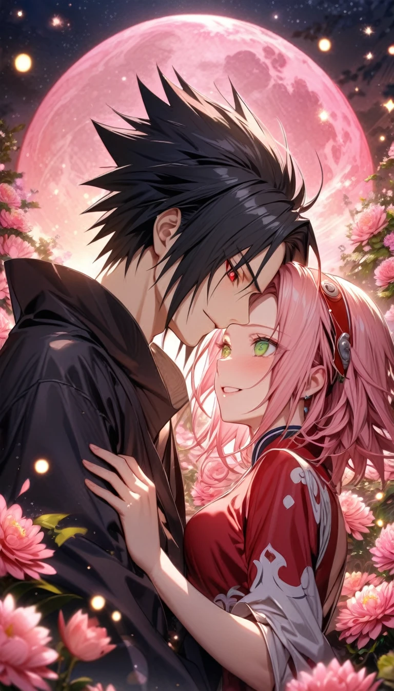 absurdres, highres, ultra detailed, HDR, master piece, best quality, extremely detailed, Uchiha Sasuke, black hair, expressive red eyes, Naruto Shippuden, Haruno Sakura, pink hair, expressive green eyes, handsome man together with a beautiful woman, couple, smile, white shirt, red shirt, fantasy, sparkling, pink glittering fireflies, pink moon, pink blossoms, pink chrysanthemums, pink sparkling lights, starry sky, magical