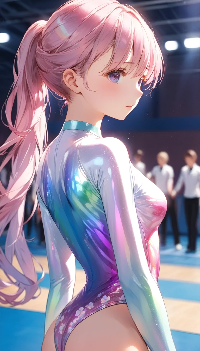 highquality illustration, masterpiece, very delicate and beautiful, attractive girl,((gymnastics leotard,tight-fit
 leotard,long sleeve leotard,long_sleeve leotard,high_leg leotard,athletic leotard,floral patterns leotard,iridescent gradient leotard)), audience reactions,thin,slender body,slim,high school,gymnasium,gymnastics club,beautiful eyes,(masterpiece, best quality:1.2), highres, extremely detailed CG unity 8k wallpaper, perfect lighting, Colourful, ultra-high res,4K,ultra-detailed, photography, 8K, HDR,  s,cowboy shot,