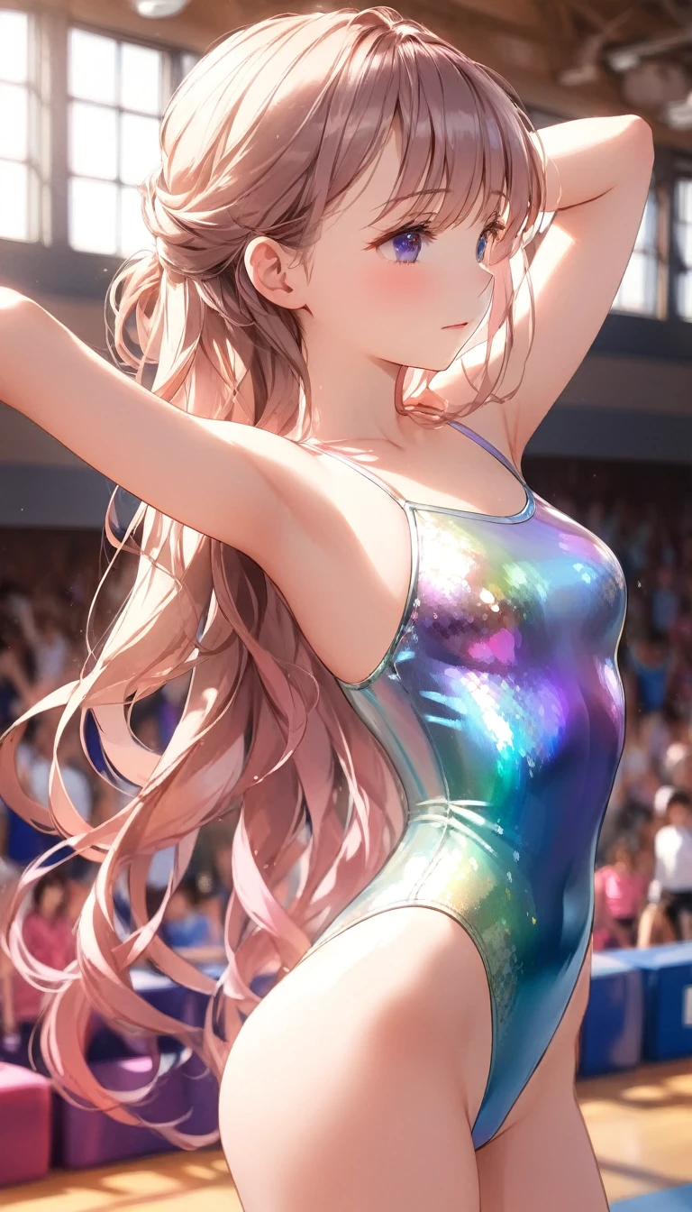 highquality illustration, masterpiece, very delicate and beautiful, attractive girl,((gymnastics leotard,tight-fit
 leotard,long sleeve leotard,long_sleeve leotard,high_leg leotard,athletic leotard,floral patterns leotard,iridescent gradient leotard)), audience reactions,thin,slender body,slim,high school,gymnasium,gymnastics club,beautiful eyes,(masterpiece, best quality:1.2), highres, extremely detailed CG unity 8k wallpaper, perfect lighting, Colourful, ultra-high res,4K,ultra-detailed, photography, 8K, HDR,  17 ages,cowboy shot,