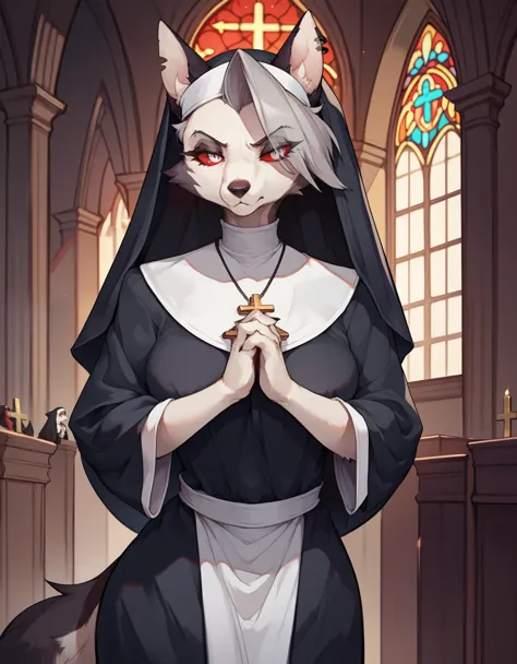 score_9,score_8_up,score_7_up, source_cartoon, kemono style, Anthro furry hellhound, loona from helluva boss, furry body, white eyes, red sclera, she looks serious, wearing nuns outfit, nun hat, nun dress, praying, standing, ina church