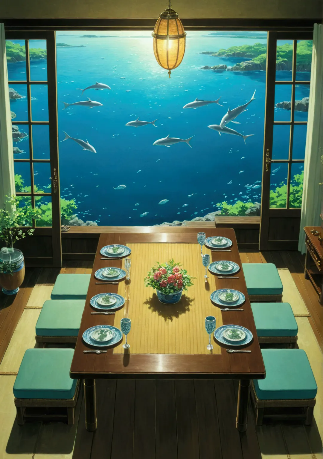 ghibli　summer 　you can see the ocean　stylish dining table