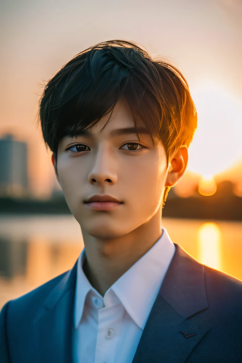 Highest quality, masterpiece, Ultra-high resolution, (Realistic: 1.4), Original photo, wallpaper, Head Photo, skin, Simple Background, Iris, detailed, Selfie, 1 boy, 1, good looking, Wind,Sunset、suit