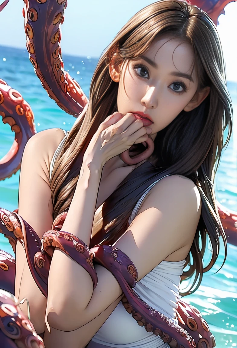 ((masterpiece)), ((Highest quality)), (Very detailed),(At the Beach ),(monster),(((Many tentacles wrapped around the body))),pretty girl, One girl, alone, (white girly dress),((Many tentacles bind his arms)), ((thinウエスト)),Large Breasts, slim, thin,Beautiful brown hair, Beautiful Blue Eyes, (Beautiful Eyes), Long Hair,Troubled expression