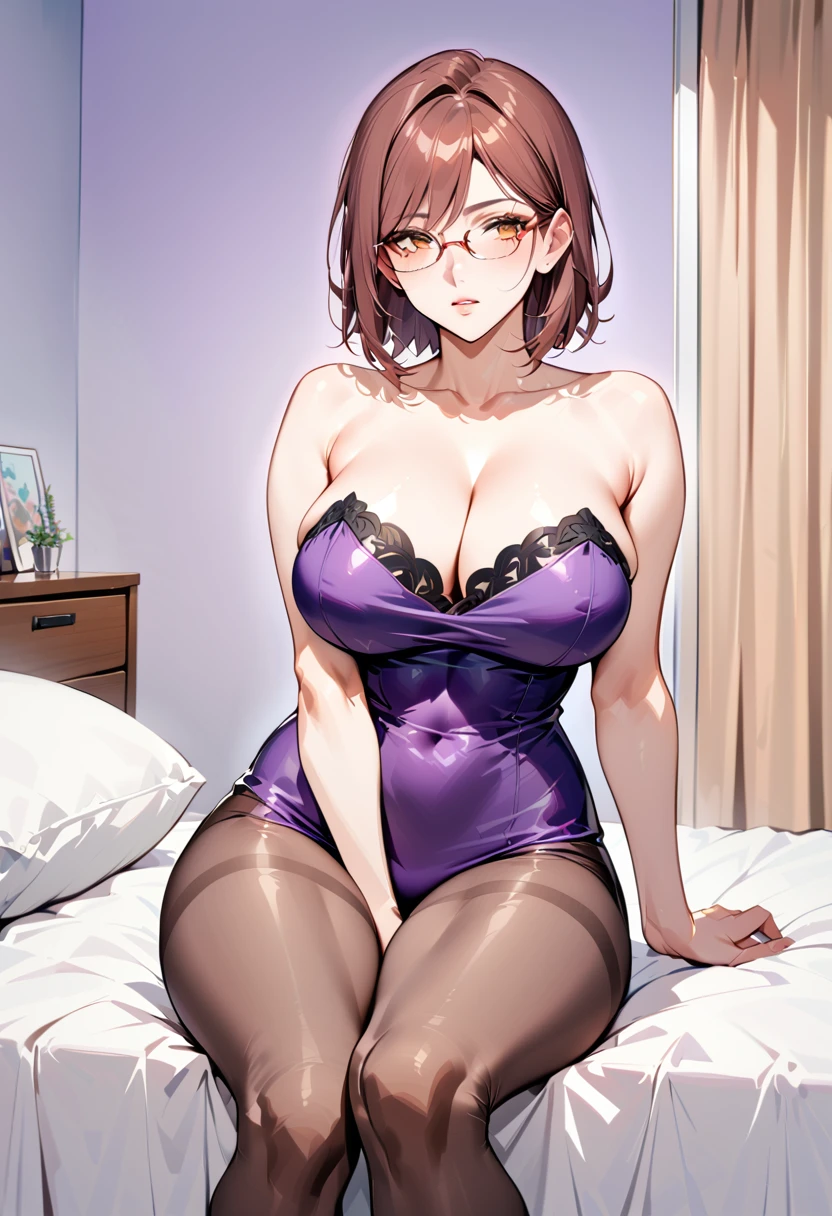 Best quality,masterpiece,brown hair,Purple evening dress,Big breasts,Perfect body,full-body shot,Cool poster,Wearing glasses,36 mature beauties,Single player anime style,seduces a young blackman，（strong and naked black man，short pants，muscle body，bodybuilder），（a young mom with big breasts，narrow waist，bare shoulders，(Purple evening dress， transparent black pantyhose, floral print, naked）background：bedroom，sitting on the bed