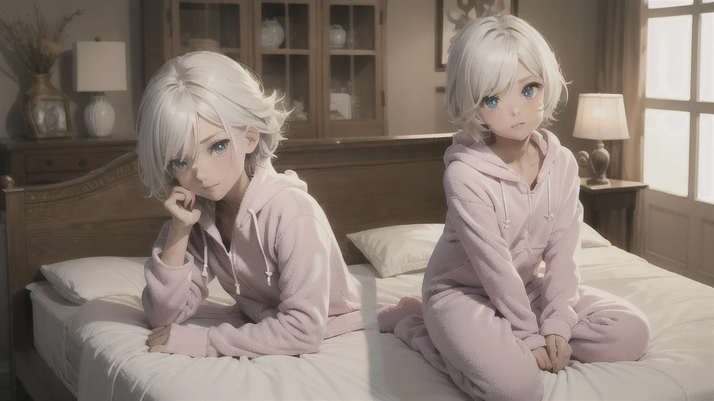 an anime image of a small boy with white hair wearing a thick diaper underneath fox hoodie-footie pjs, hoodie-footie pjs, sleeping, (crib), nursery, (1boy), adorable, masterpiece, extremely detailed, beautiful eyes, sharp focus, vivid colors, studio lighting, intricate details, soft textures, cozy atmosphere, high quality, hood down,