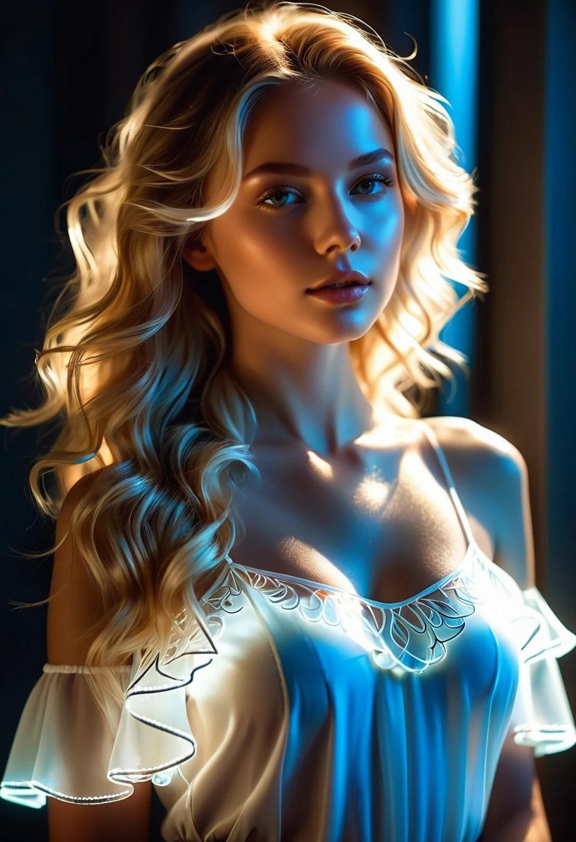 ((jewel_light element)), (Translucent luminous body_wearing a white frilly blouse), (girl made of light: 1.2, Long wavy, calm blonde hairstyle with delicate features and shine), (minimalism: 0.5), (Front close-up angle above the waist: 1.3), 4K, HDR, acid graphics, fantasy work, [Detailed and vivid face: 0.33], (White translucent glowing body and hair: 1.3), Shiny beautiful woman with silhouette outline, Understated elegance is revealed... A calm and dignified atmosphere provides a subtle sense of luxury..... gray smooth texture, stylish pose, fluorescent lamp, Glowing tattoo, bioluminescent tattoo, glowing pattern.