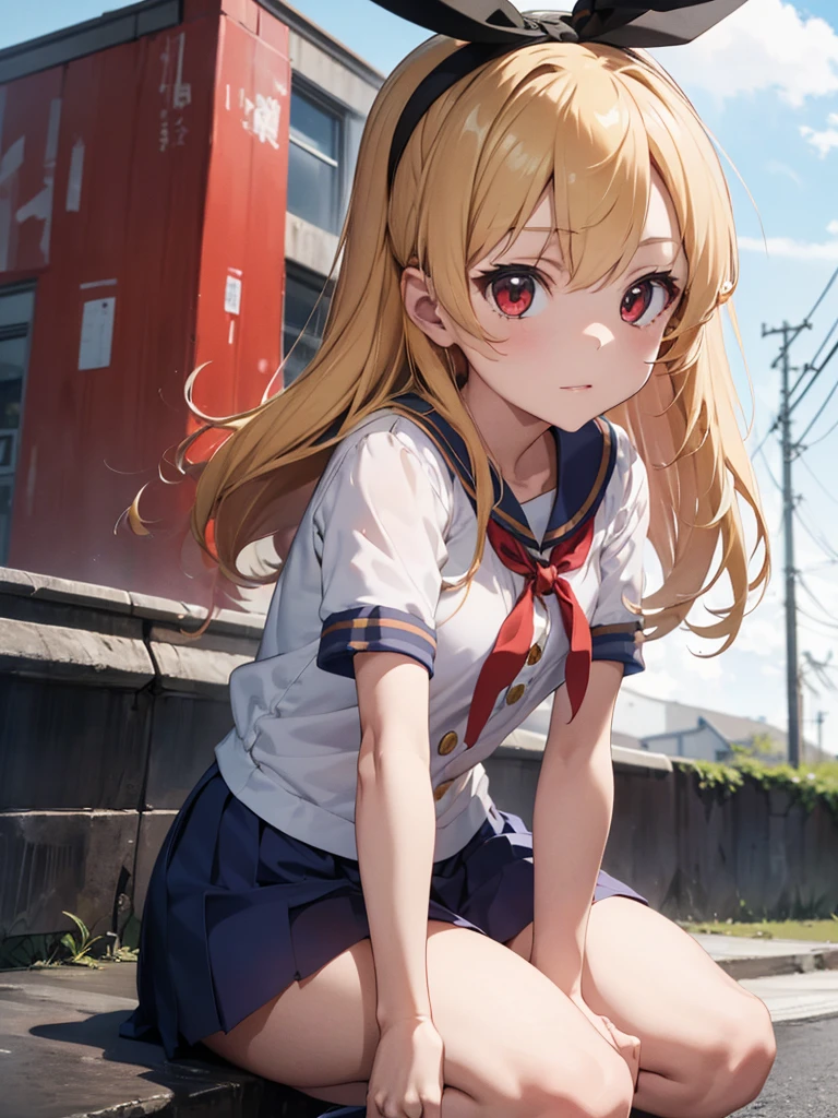 (masterpiece, best quality, highly detailed, ultra detailed, high resolution, absurdres, 4K, 8K:1.2), 
BREAK,shimakaze uniform:1.5, 10 years GIRL,Blonde_HAIR,RED eyes,(RED Ribbon on HAIRband:1.2)