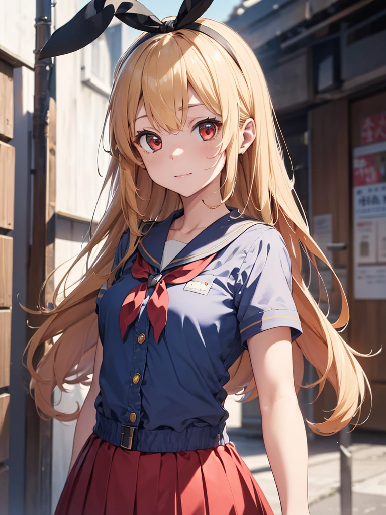 (masterpiece, best quality, highly detailed, ultra detailed, high resolution, absurdres, 4K, 8K:1.2), 
BREAK,shimakaze uniform:1.5, 10 years GIRL,Blonde_HAIR,RED eyes,(RED Ribbon on HAIRband:1.2)