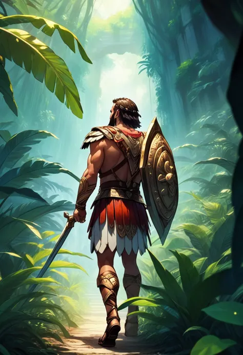 (masterpiece, best quality, vivid colors), A gladiator walking through the jungle exploring the surroundings, 1man, Alone, very ...