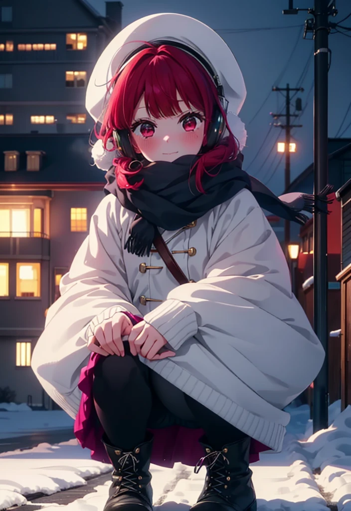 canary, Arima etc., long hair, bangs, (Red eyes:1.3), Redhead,  smile,White Breath,blush,Earmuffs,Knitted hat,Purple Scarf,White long coat,V-neck sweater,Long skirt,Black Pantyhose,short boots,snow,snow,snow,snow,snowが積もっています,snowが降る,whole bodyがイラスト入るように,Hiding in a roofed building,
break outdoors, construction area,
break looking at viewer, whole body,
break (masterpiece:1.2), Highest quality, High resolution, unity 8k wallpaper, (shape:0.8), (Beautiful attention to detail:1.6), Highly detailed face, Perfect lighting, Extremely detailed CG, (Perfect hands, Perfect Anatomy),