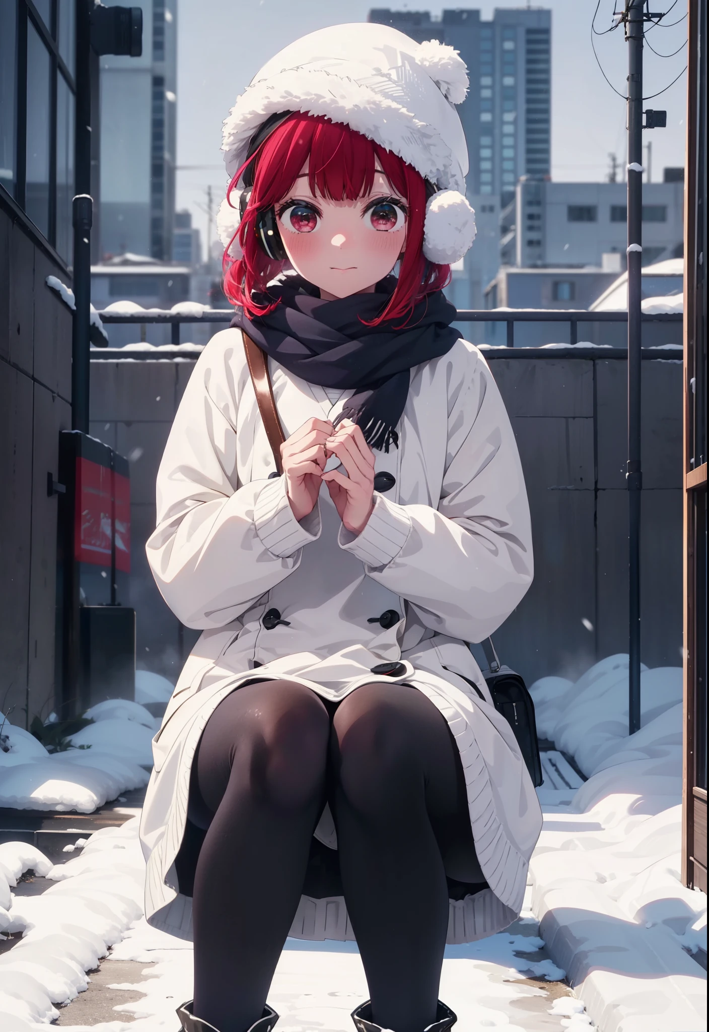 canary, Arima etc., long hair, bangs, (Red eyes:1.3), Redhead,  smile,White Breath,blush,Earmuffs,Knitted hat,Purple Scarf,White long coat,V-neck sweater,Long skirt,Black Pantyhose,short boots,snow,snow,snow,snow,snowが積もっています,snowが降る,whole bodyがイラスト入るように,Hiding in a roofed building,
break outdoors, construction area,
break looking at viewer, whole body,
break (masterpiece:1.2), Highest quality, High resolution, unity 8k wallpaper, (shape:0.8), (Beautiful attention to detail:1.6), Highly detailed face, Perfect lighting, Extremely detailed CG, (Perfect hands, Perfect Anatomy),