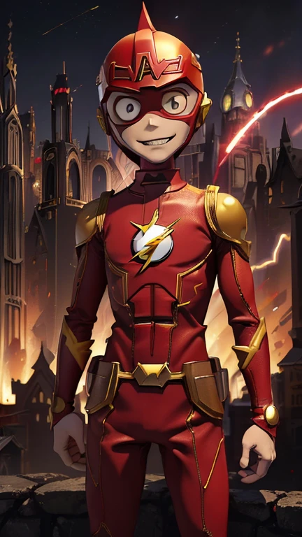 best quality,masterpiece,1boy,solo,(((13years old))),japanese boy,an extremely cute and handsome boy,highly detailed handsome face and eyes,petit,cute face,lovely face,baby face,shy smile,show teeth, Blonde hair,short hair,flat chest,skinny,slender,(((wearing The Flash costume,red superhero helmet,red hero mask style))),(((standing in TimBurton animation style Metropolis city))),he is looking at the viewer,gothichorrorai