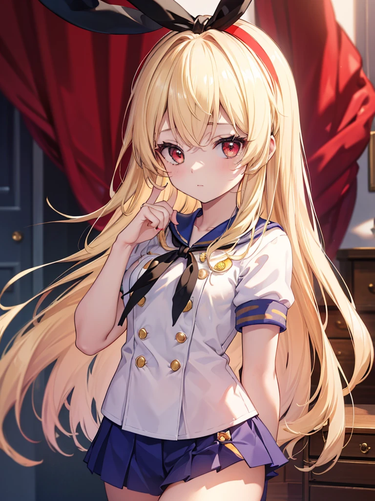 (masterpiece, best quality, highly detailed, ultra detailed, high resolution, absurdres, 4K, 8K:1.2), 
BREAK,shimakaze uniform:1.5, 10 years GIRL,Blonde_HAIR,RED eyes,(RED Ribbon on HAIRband:1.2)