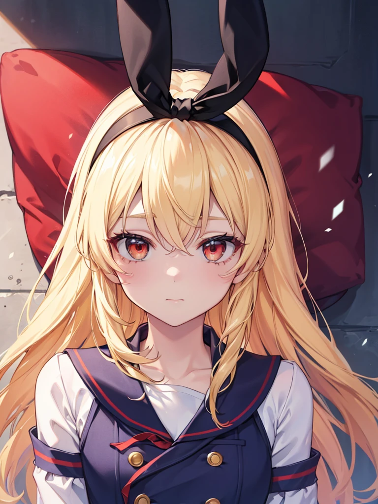 (masterpiece, best quality, highly detailed, ultra detailed, high resolution, absurdres, 4K, 8K:1.2), 
BREAK,shimakaze uniform:1.5, 10 years GIRL,Blonde_HAIR,RED eyes,(RED Ribbon on HAIRband:1.2)