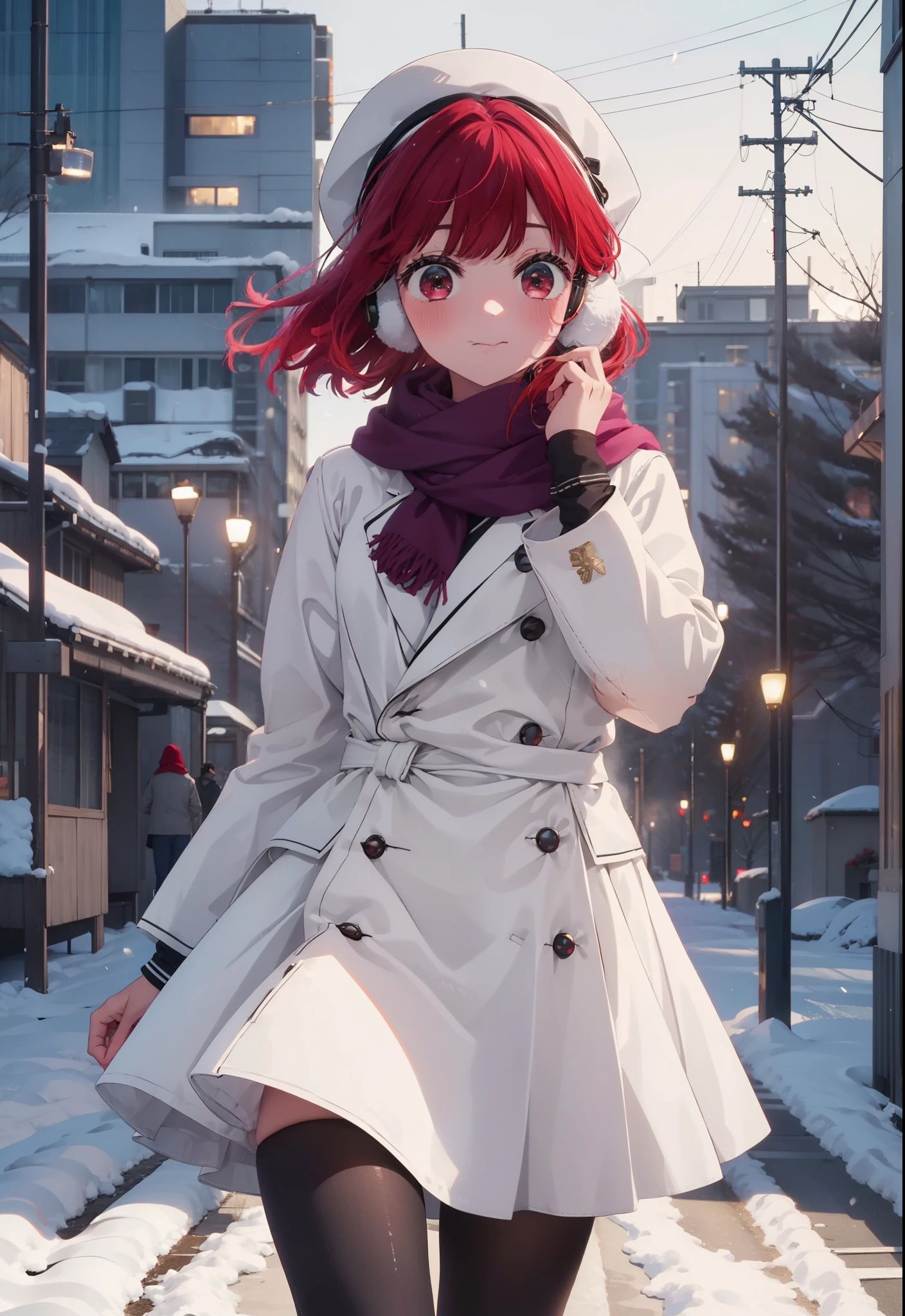 canary, Arima etc., long hair, bangs, (Red eyes:1.3), Redhead,  smile,White Breath,blush,Earmuffs,Knitted hat,Purple Scarf,White long coat,V-neck sweater,Long skirt,Black Pantyhose,short boots,snow,snow,snow,snow,snowが積もっています,snowが降る,whole bodyがイラスト入るように,Walking,
break outdoors, construction area,
break looking at viewer, whole body,
break (masterpiece:1.2), Highest quality, High resolution, unity 8k wallpaper, (shape:0.8), (Beautiful attention to detail:1.6), Highly detailed face, Perfect lighting, Extremely detailed CG, (Perfect hands, Perfect Anatomy),