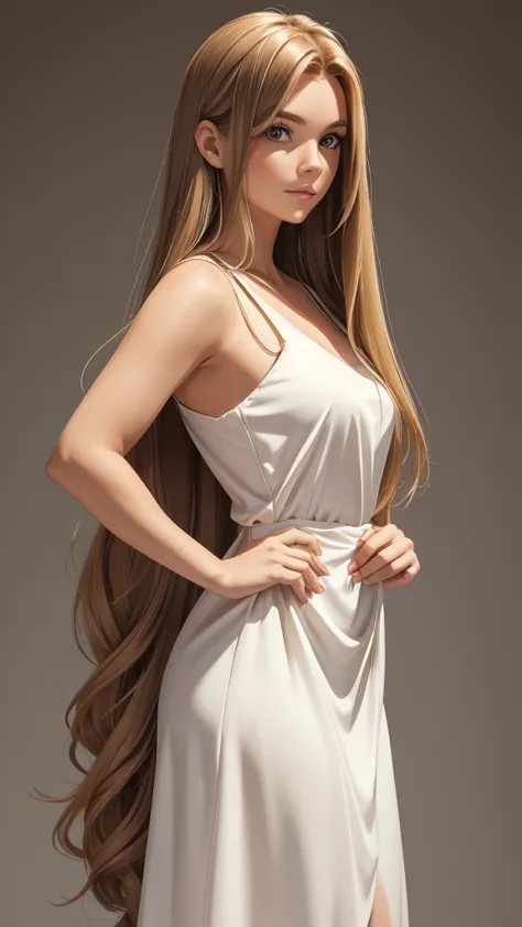 a picture of a woman standing with long blond hair posing over her shoulder, 1girl, long hair, solo, realistic, dress, brown hai...