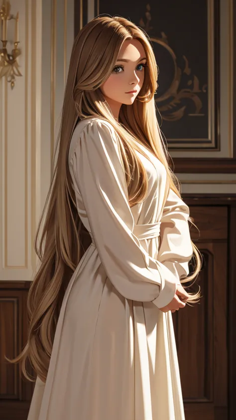 a picture of a woman standing with long blond hair posing over her shoulder, 1girl, long hair, solo, realistic, dress, brown hai...
