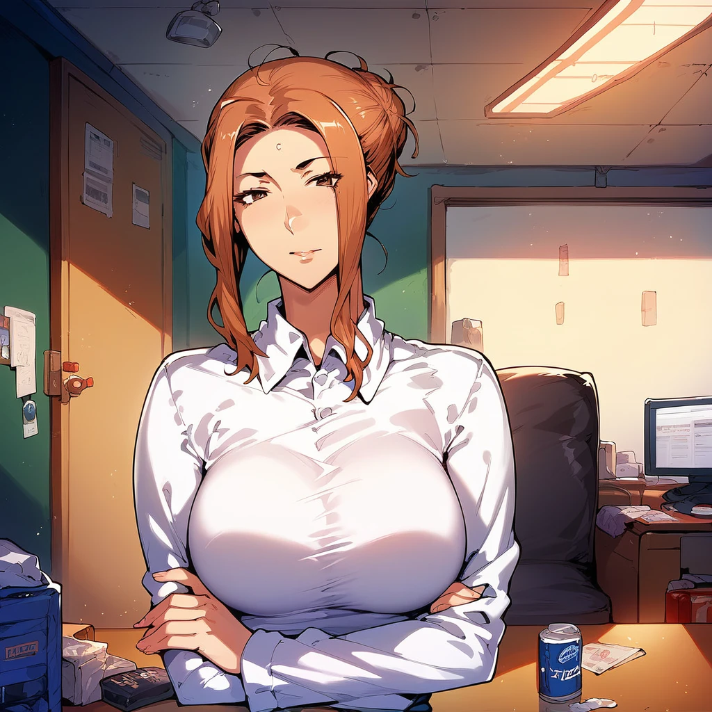 score_9, score_8_superior, score_7_superior,  translator,One girl,Messy hair bun,View your viewers,Curvy, Arms crossed, sauce_anime,Front view,shirt,enterprise,Living Room Background, Location 