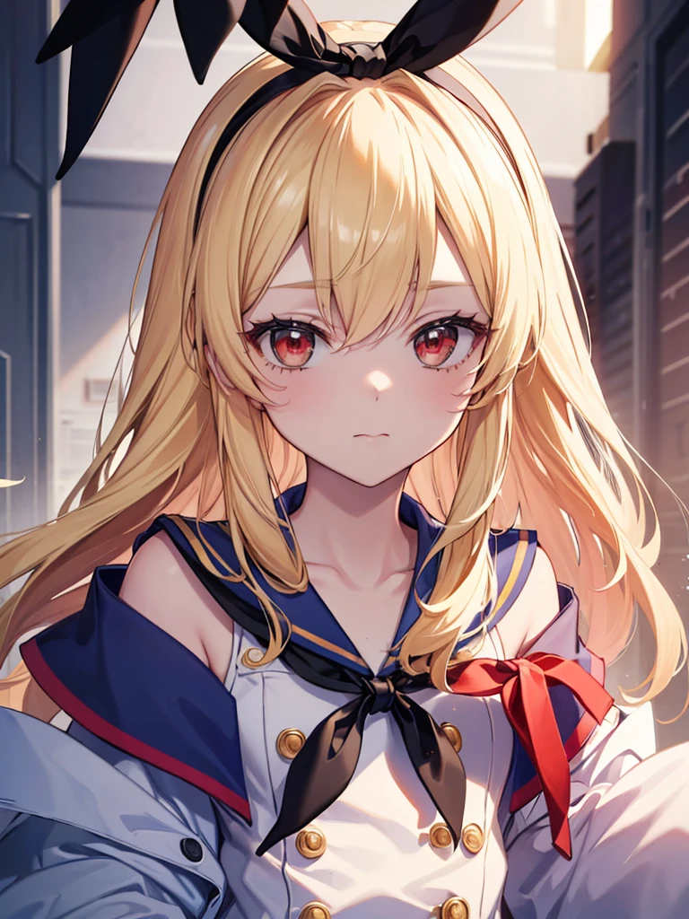 (masterpiece, best quality, highly detailed, ultra detailed, high resolution, absurdres, 4K, 8K:1.2), 
BREAK,shimakaze uniform:1.5, 10 years GIRL,Blonde_HAIR,RED eyes,(RED Ribbon on HAIRband:1.2)