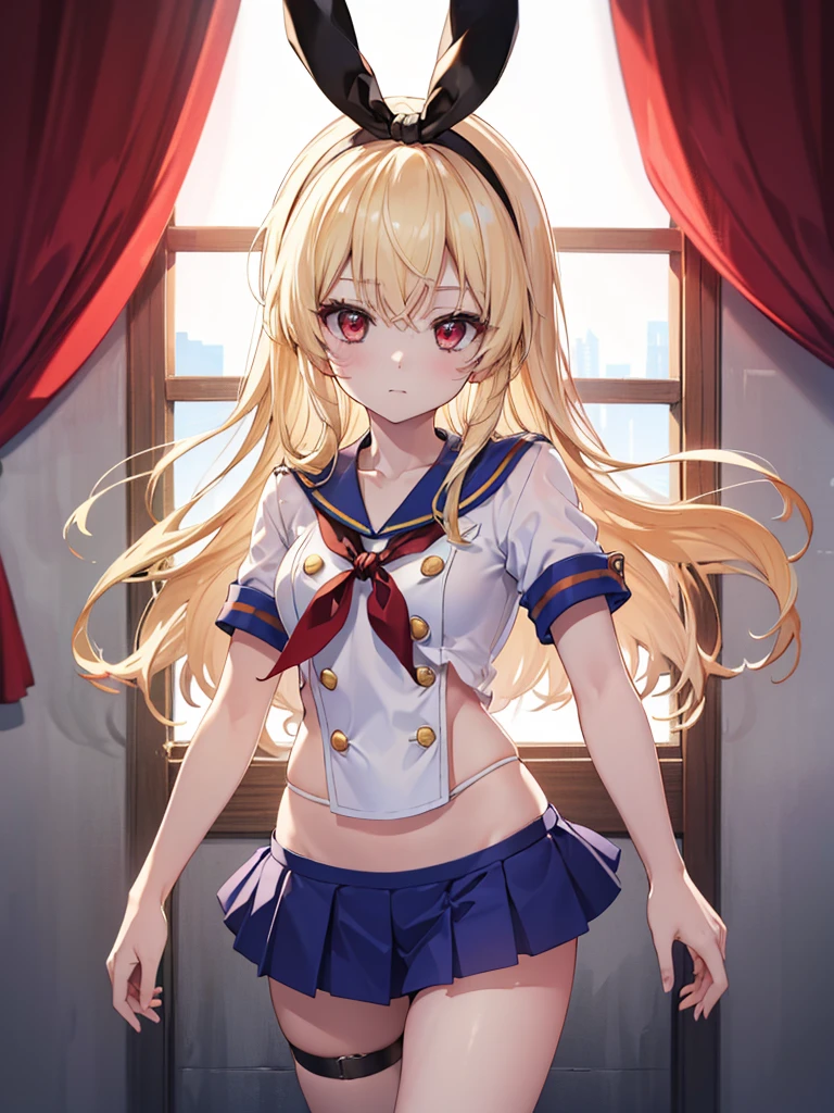 (masterpiece, best quality, highly detailed, ultra detailed, high resolution, absurdres, 4K, 8K:1.2), 
BREAK,shimakaze uniform:1.5, 10 years GIRL,Blonde_HAIR,RED eyes,(RED Ribbon on HAIRband:1.2)