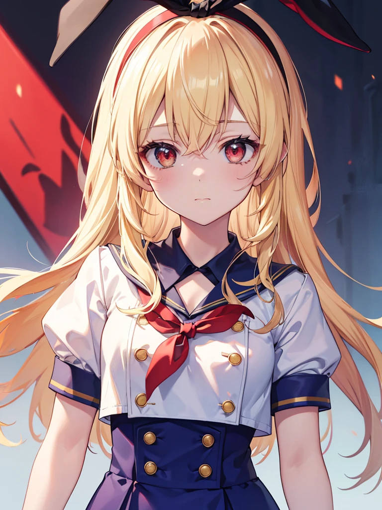 (masterpiece, best quality, highly detailed, ultra detailed, high resolution, absurdres, 4K, 8K:1.2), 
BREAK,shimakaze uniform:1.5, 10 years GIRL,Blonde_HAIR,RED eyes,(RED Ribbon on HAIRband:1.2)