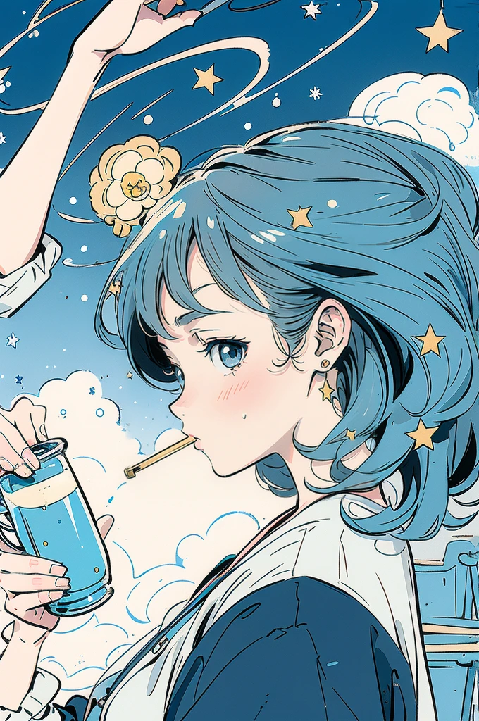 An anime-style illustration. A scene of a girl drinking from a beer mug. The girl has short bob hair and wears star earrings. A calico cat is sitting on the girl's head. The background is pale blue, with star motifs scattered throughout. The illustration has a cute atmosphere and is painted in muted colors.