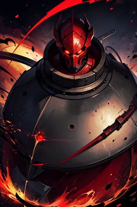 masterpiece, high quality, Big man, red armor, diving tanks, Red eyes, black sclera, SERIOUS LOOK, black trident, advanced age, ...