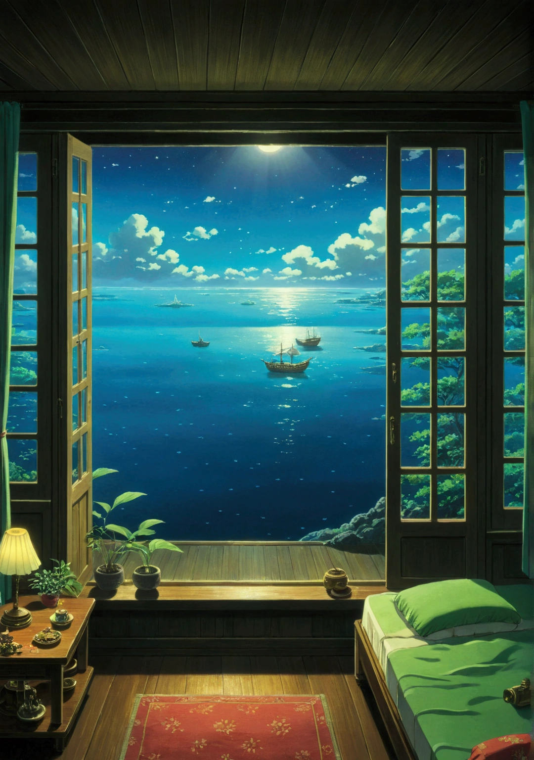 Ghibli　night　You can see the ocean　Bedroom