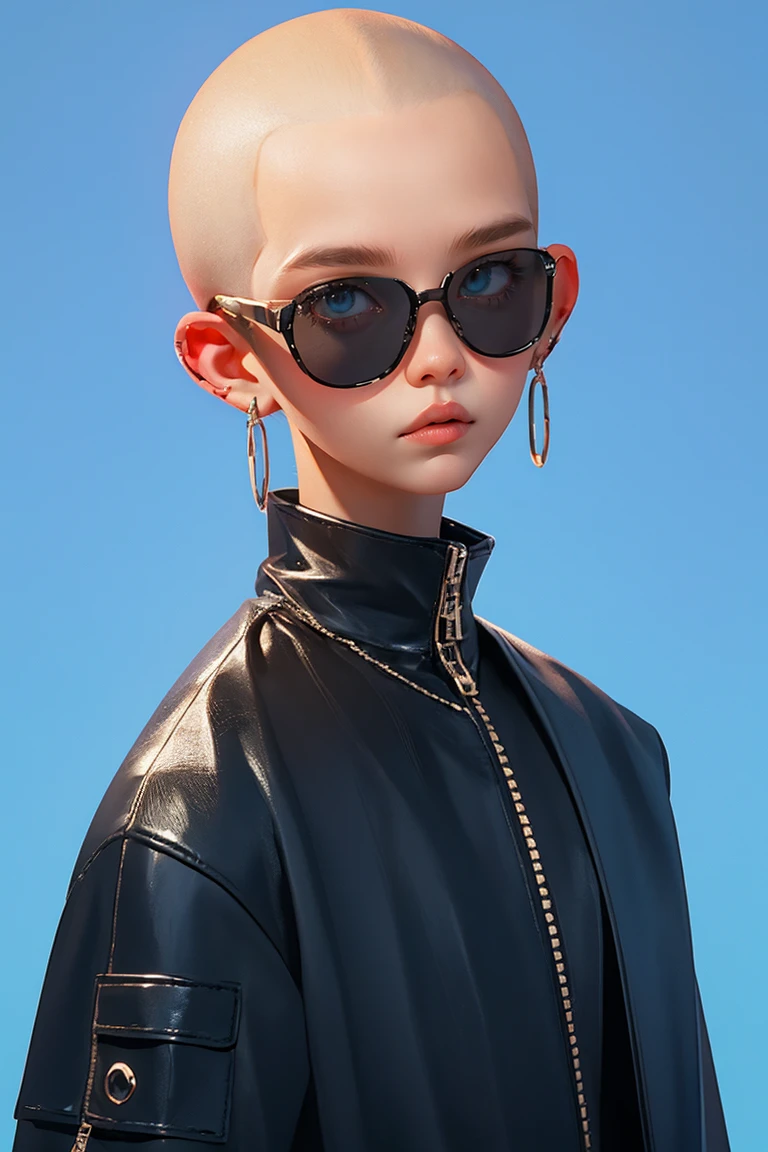 Blind Box,Simple Background,Blind Box,Simple Background，Shaved Head，Blonde Hair，Margiela，balenciaga，Vetments,High Fashion，Black clothes，Sunglasses covering the eyes，whole body
