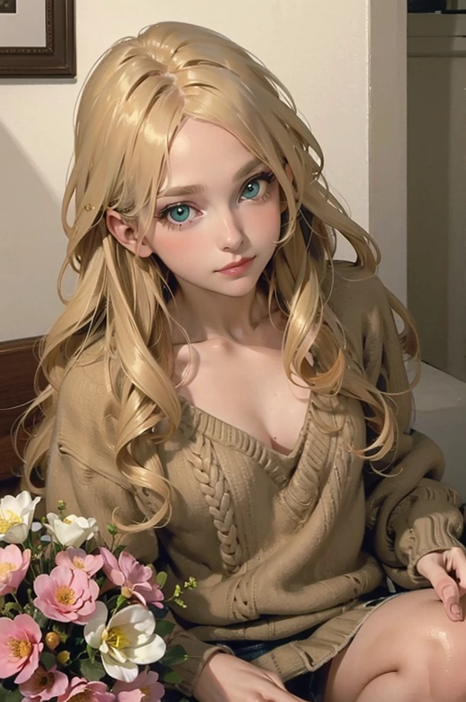 A thirty year old girl, with blonde hair, long and wavy and loose. green eyes. clear skin. tired eyes. looking to the camera. Wearing a beige sweater, around it a lot of colorful flowers.