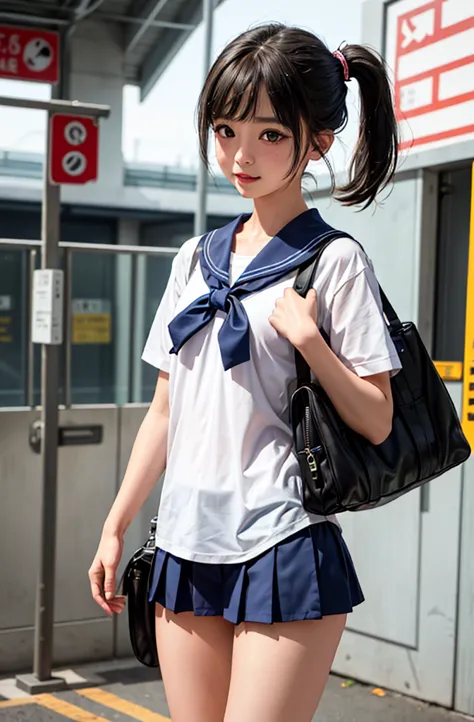 Girls walking through the station wearing white sailor shirts over their school swimsuits,school bag,13 years old,bangs,A small ...