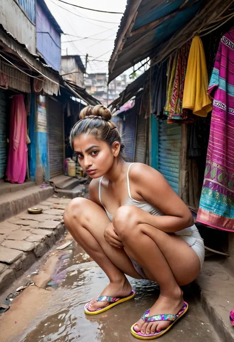 an pakistani 16 year old girl with huge slick indian style hair bun on the top of the head squatting outside a shop on slums str...